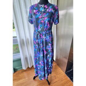 Vintage 70s dress, black, white pink blue polka dots & floral, maxi shirtdress